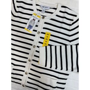 Nine West Cardigan Sweater Womens Medium Black White Stripe Relaxed Elegant Chic